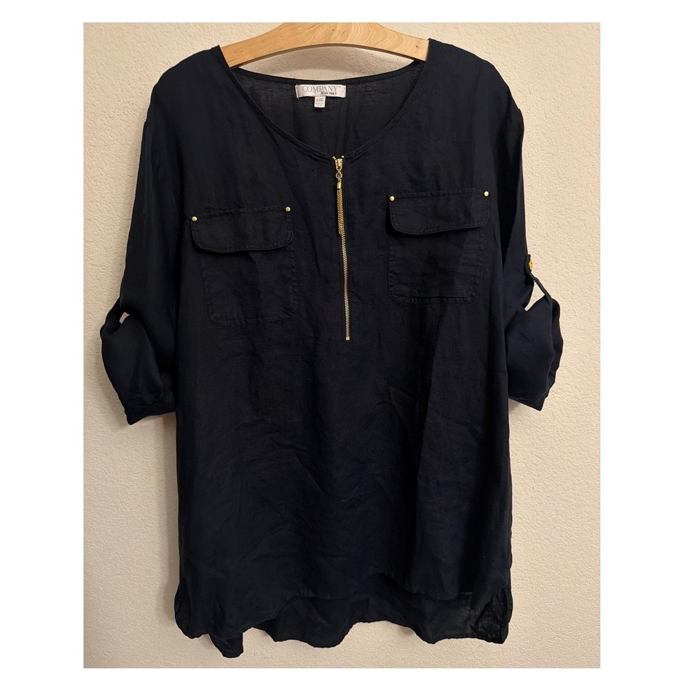 Company‎ Ellen Tracy Navy Blue 100% Linen Zip Front Tassel Tunic XXL